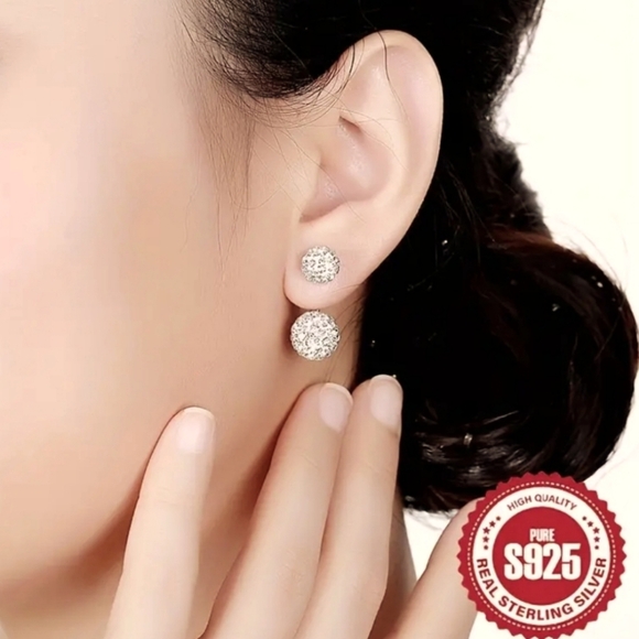 Sterling Silver S925.  Double Rhinestone Ball Ear  Classic Daily Wear Perfect - Picture 3 of 13